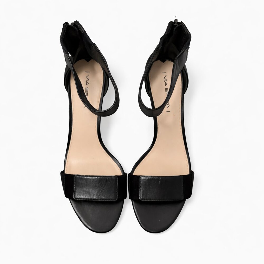 NEW Via Spiga Black Leather Ankle Strap Heels Open Toe Sandals Size 9.5 / EU 41